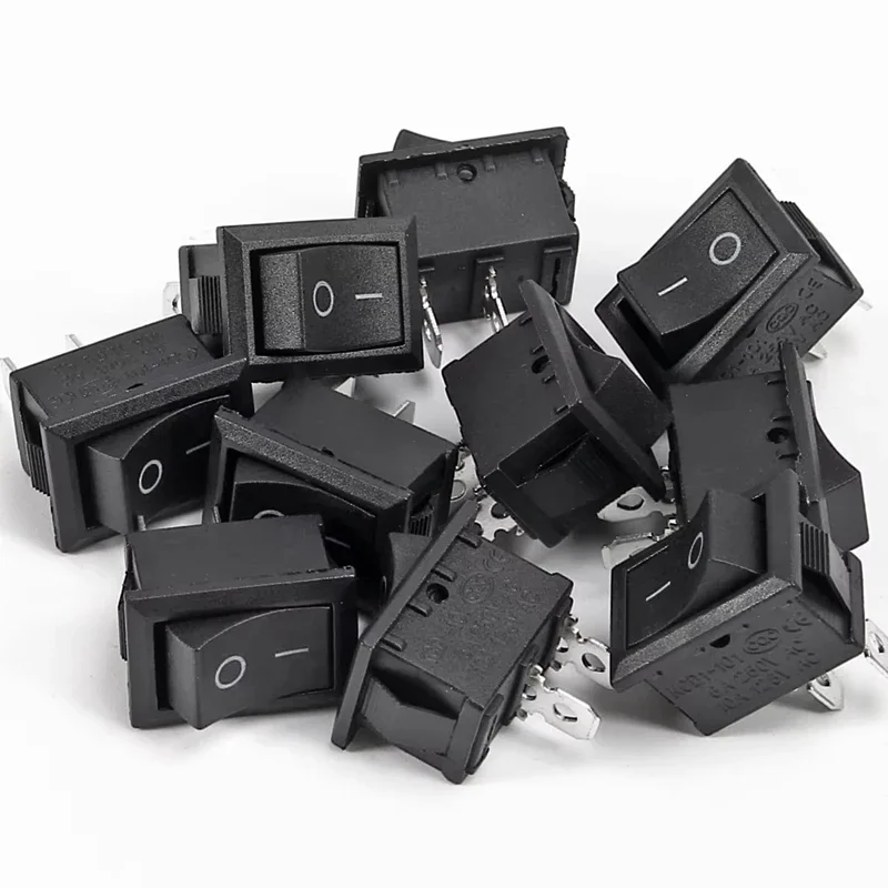 15 peças mini interruptor rocker spst preto e vermelho interruptores botão ac 250v 3a/125v 6a 2 pinos i/o 10*15mm interruptor liga-desliga rocker