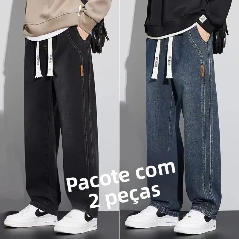 Calças Jeans Versáteis de Perna Reta para Homens, Marca Moderna, Largura ande, Calças Longas Soltas, Estilo Casual e Resist...