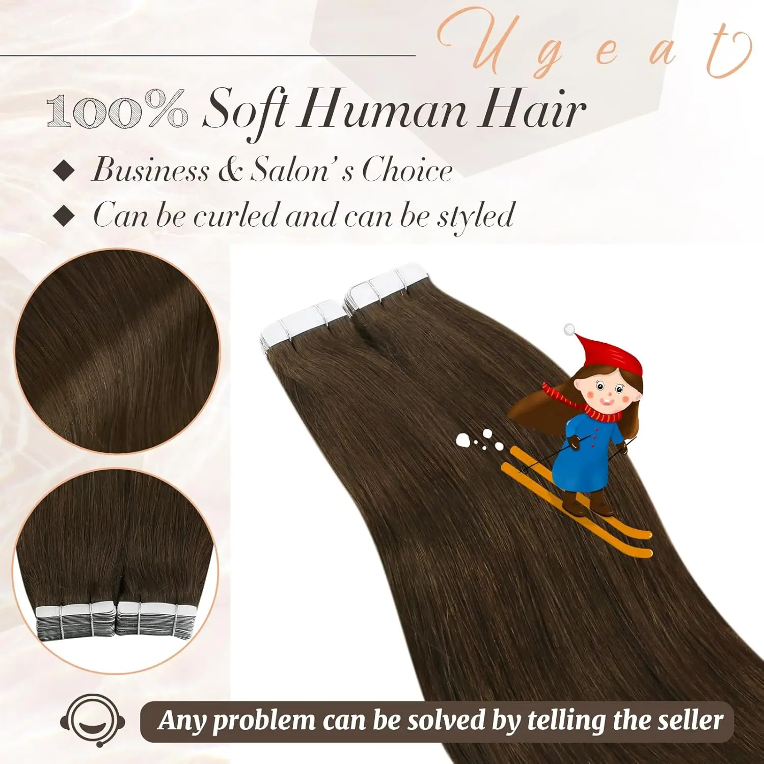 Ugeat fita em extensões de cabelo humano fita castanha em extensões para mulheres fita invisível castanho chocolate em extensões de cabelo real