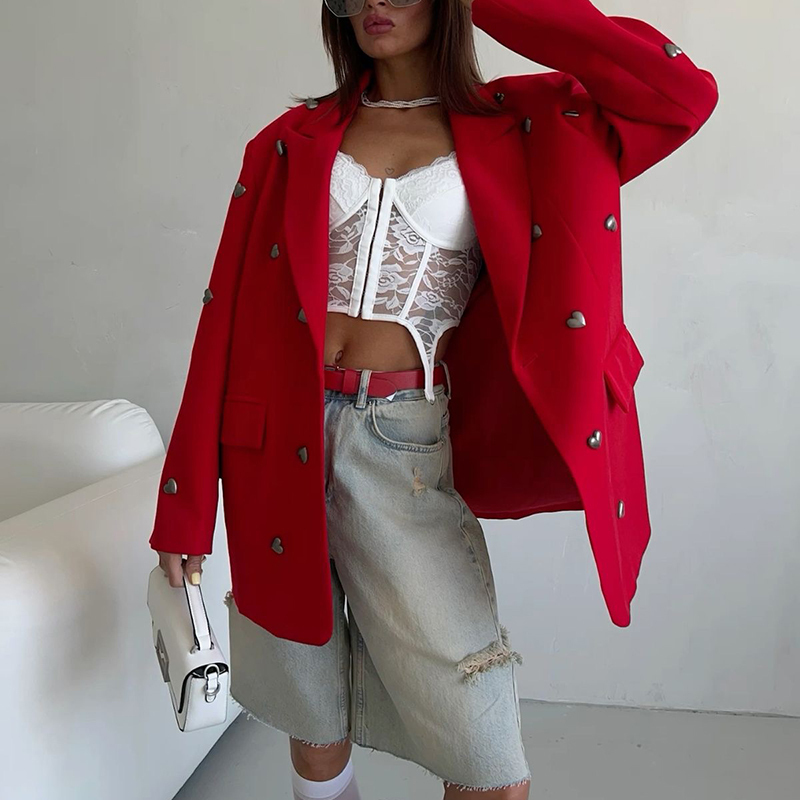 TWOTWINSTYLE Solide Patchwork Herz Dekoration Blazer Für Frauen Kerb Kragen Langarm Casual Lose Mäntel Weibliche Mode Neue