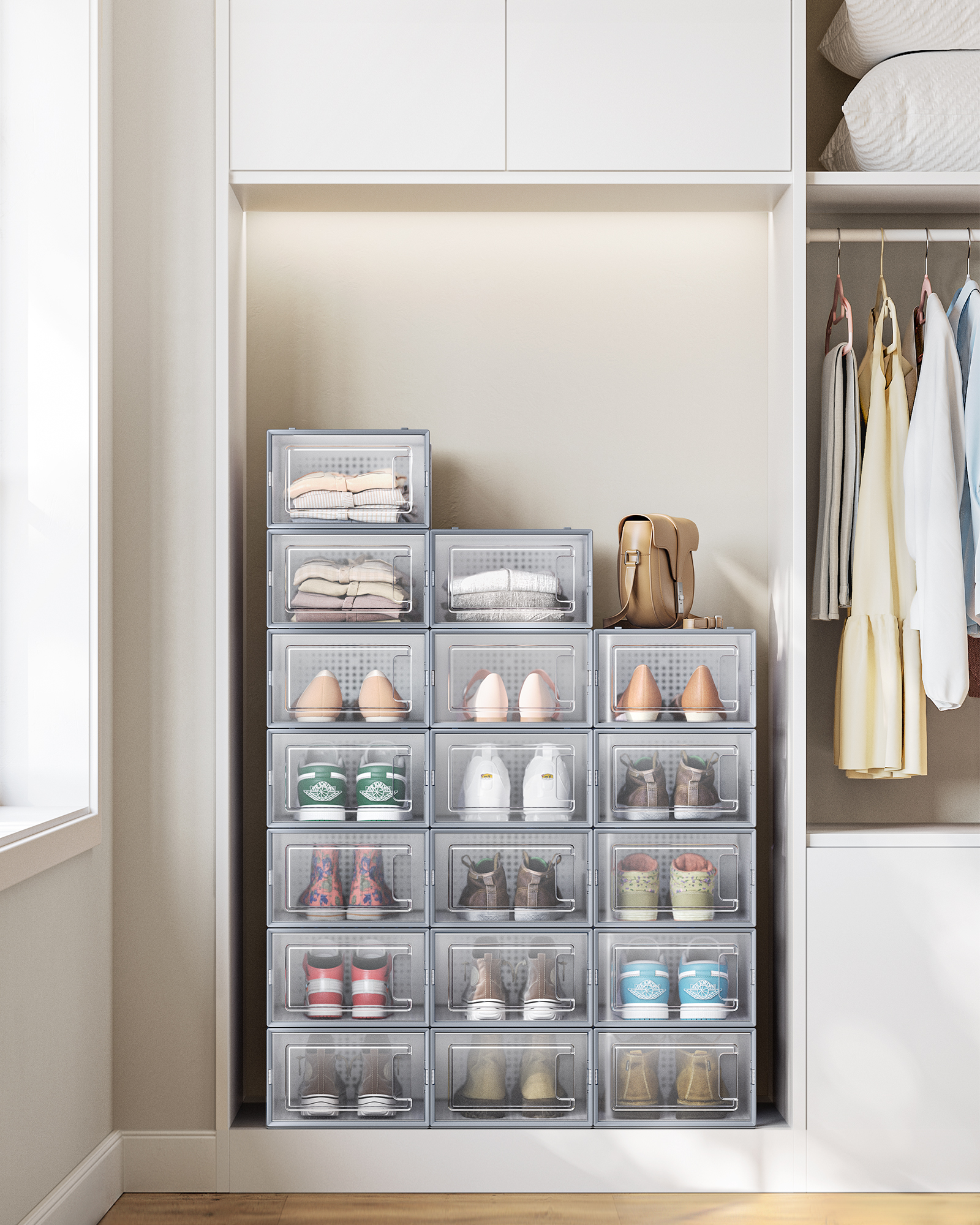 SONGMICS Schuhbox 18er Set, Schuh-Organizer aus Kunststoff, für Schuhe bis Größe 44