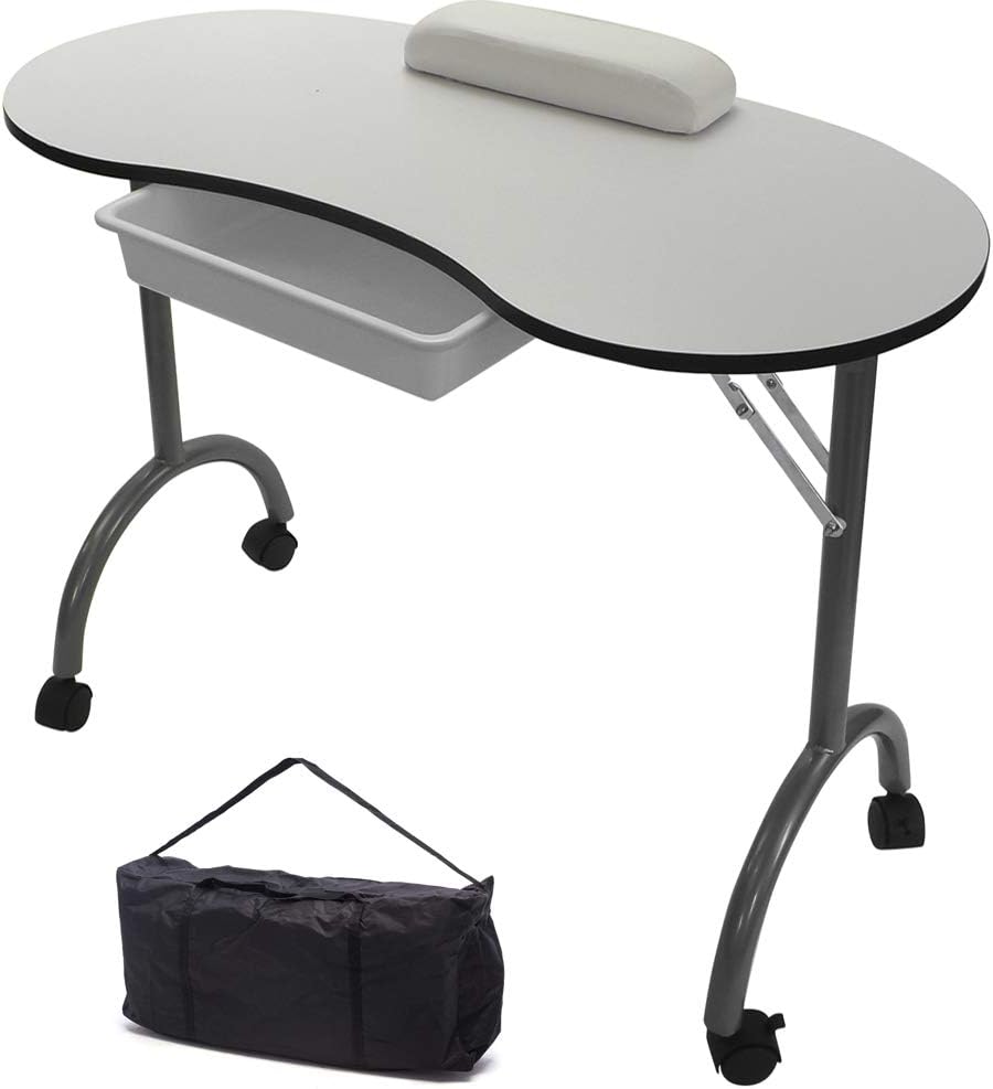 White Portable Foldable Mobile Manicure Nail Art Beauty Salon Table Desk With Pull Out Drawer + Wrist Rest + Carry Bag