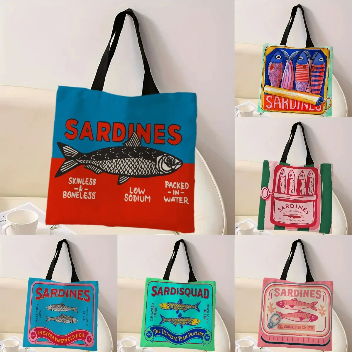 Bolso casual colorido de moda con estampado de sardines, mochila de moda reutilizable, bolso de mano multifuncional, bolso de compras de poliéster