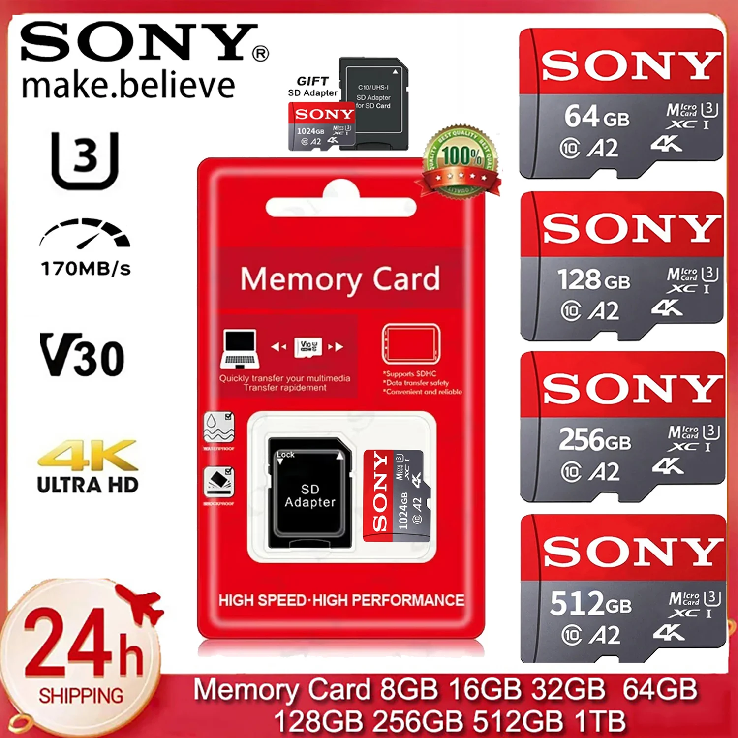 Tarjeta de memoria Sony 1TB 512GB Micro SD TF 128GB 256GB U3 A2 Micro SD 64GB 170Mb velocidad de lectura Clase 10 Flash Micro tarjeta para teléfono
