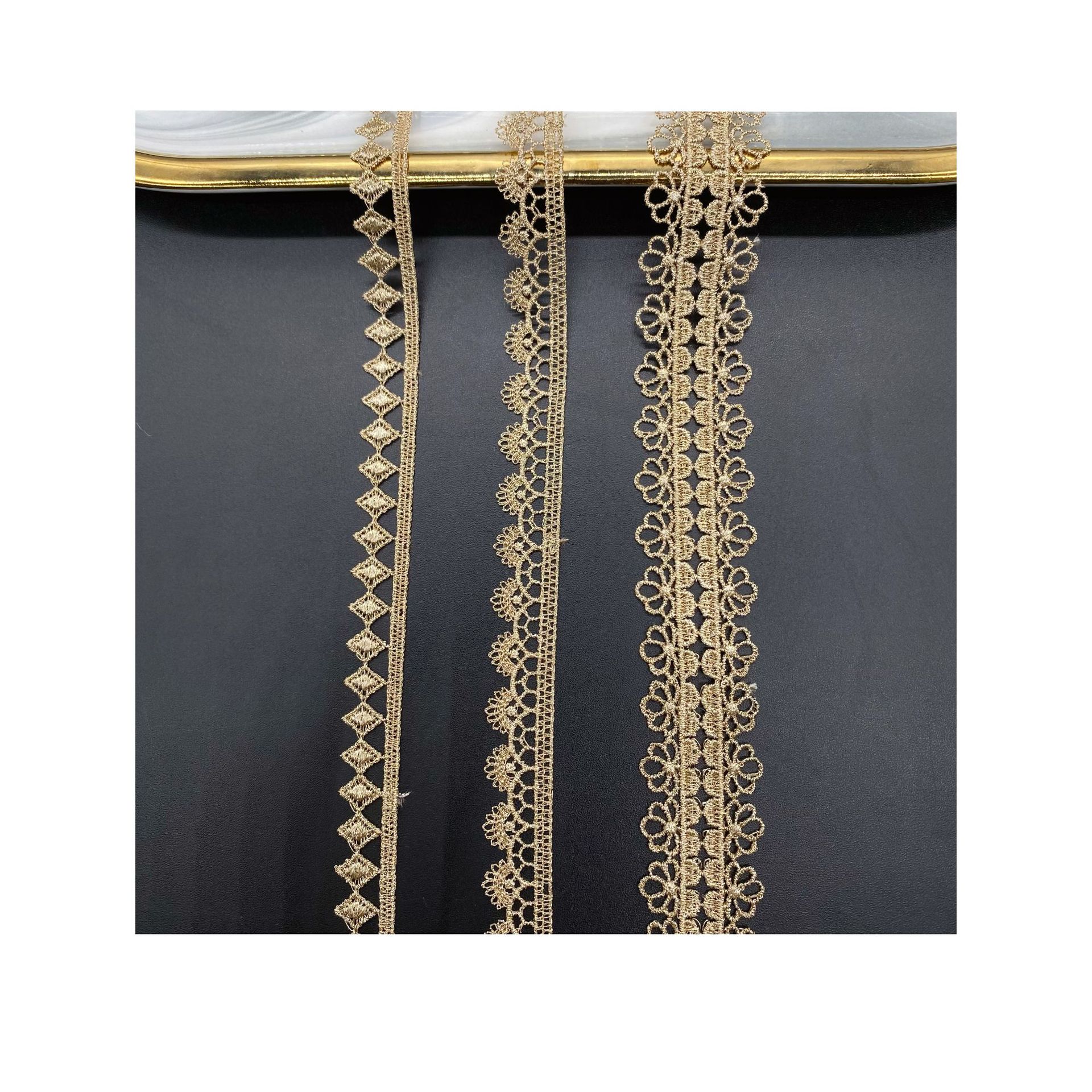 Acessórios de renda dourada diy de 5 jardas para punhos de vestido, renda em forma de diamante de face única com renda de fio dourado de código de barras