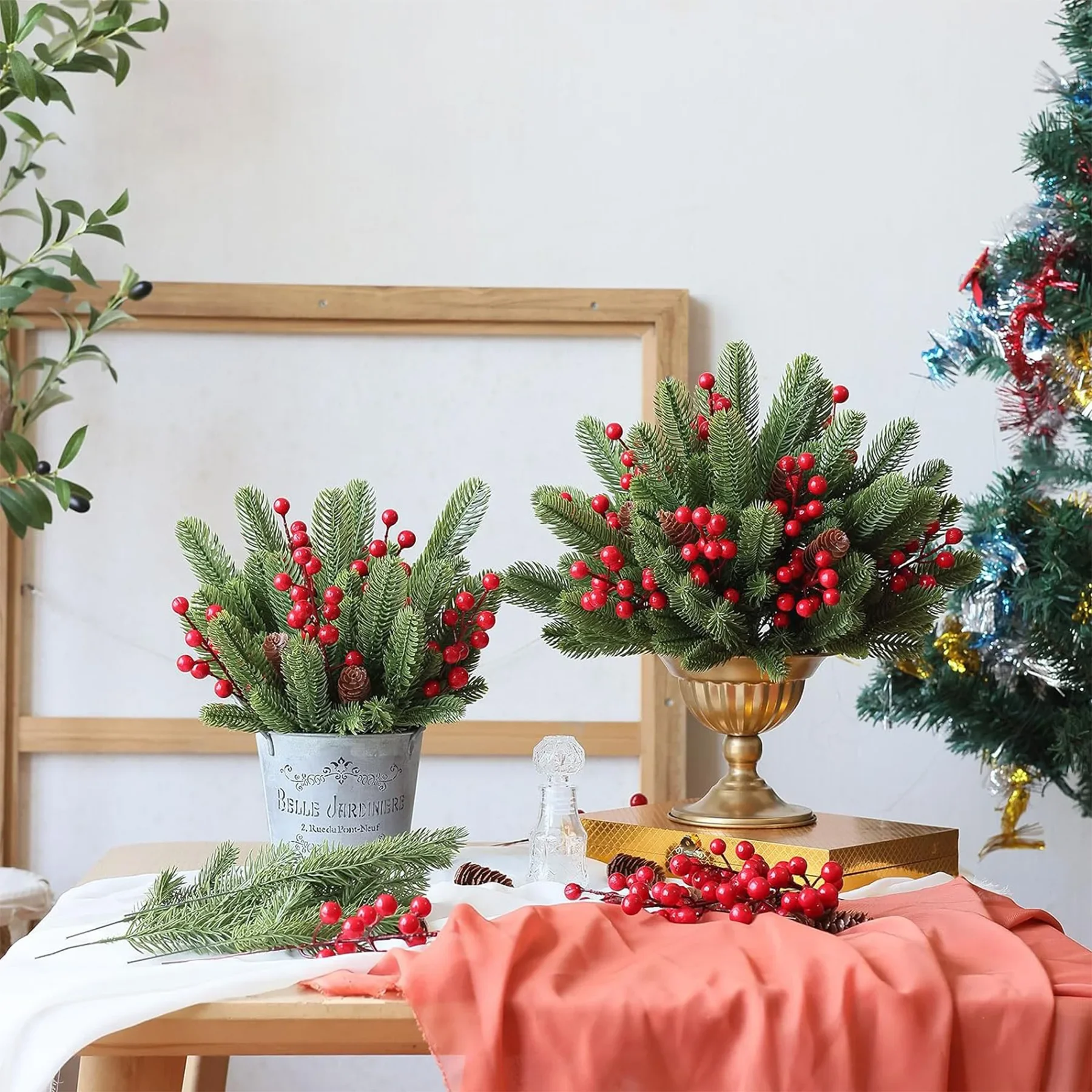 10 個人工松の枝クリスマスヒイラギ赤い果実の茎クリスマスツリー DIY リース装飾クリスマス家の装飾