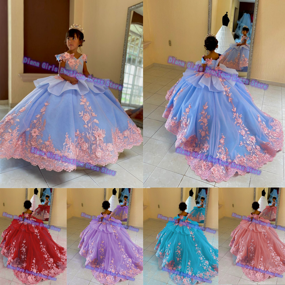 Luxe blauwe bloemenmeisje jurk voor bruiloft kleine prinses baljurk roze applicaties off meisjes verjaardagsfeestje aangepaste toga's