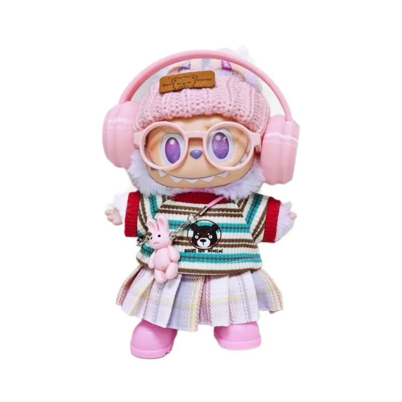 Labubu-Kleidung Rosa Overalls, bunte Kopfhörersets, regenbogenfarbene Faltenrock-Kleidung, Labubu-Zubehör (keine Puppen)