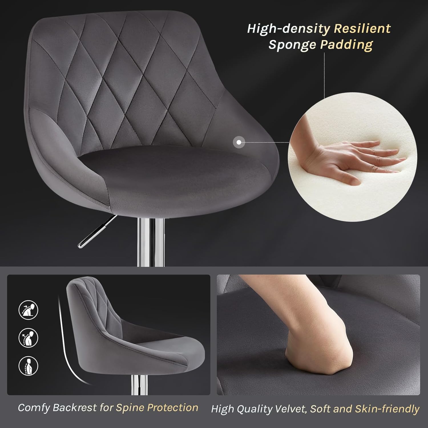 Barhocker 2er Set, Hocker höhenverstellbar drehbar, gepolsterter Samtsitz, mit Backrest Fußstütze,Dunkelgrau, BH138dgr-2