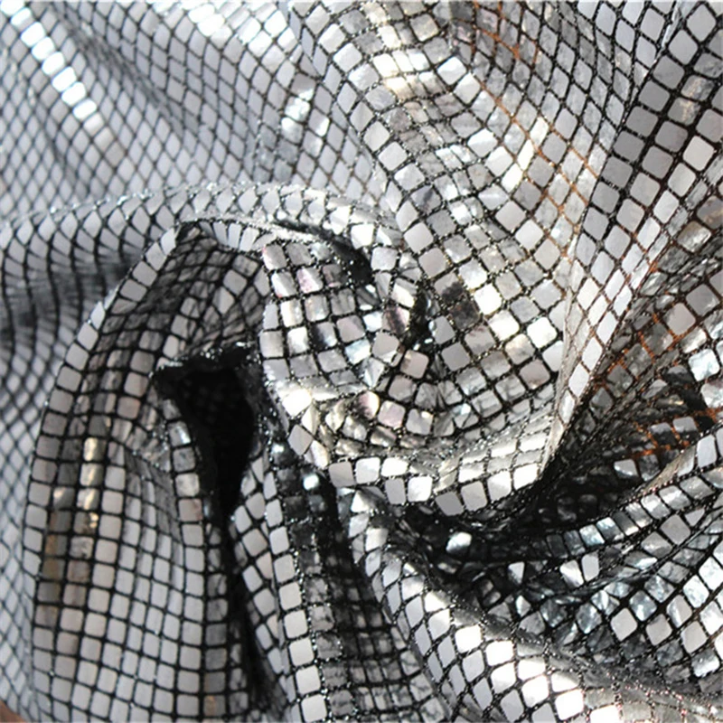 Reflection Square Sequins Fabric DIY Metallic Dress Clothing Designer Fabric Composite Mesh Glitter Silver Mirror Sequin Fabric