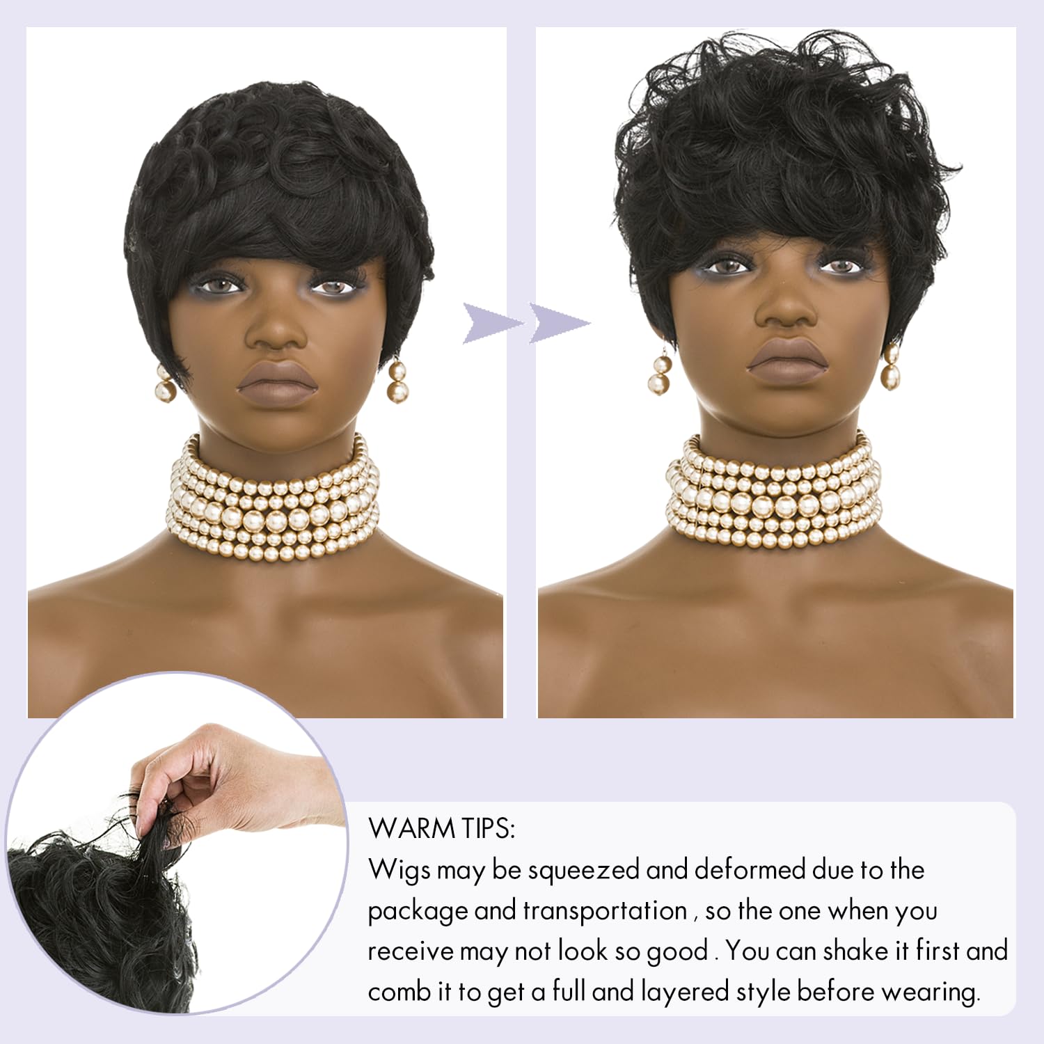 Black women's short wig delicately cut wig Black women's short curly hair natural wave layering replacement wig, wig with bangs