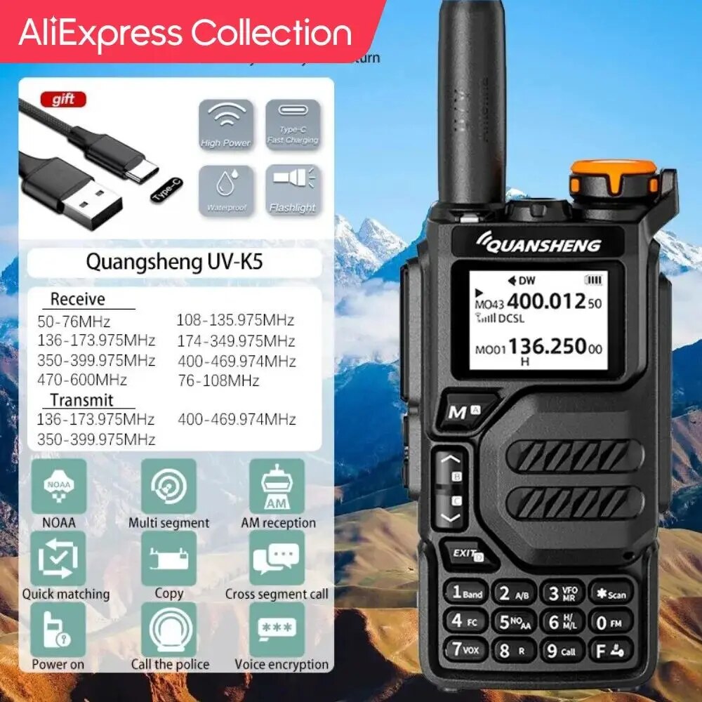 Quansheng 워키 토키 UV-K5 장거리 공기 듀얼 밴드 양방향 라디오 5W 고출력 1600mAh 휴대용 200 채널 무료 TPYE-C 케이블