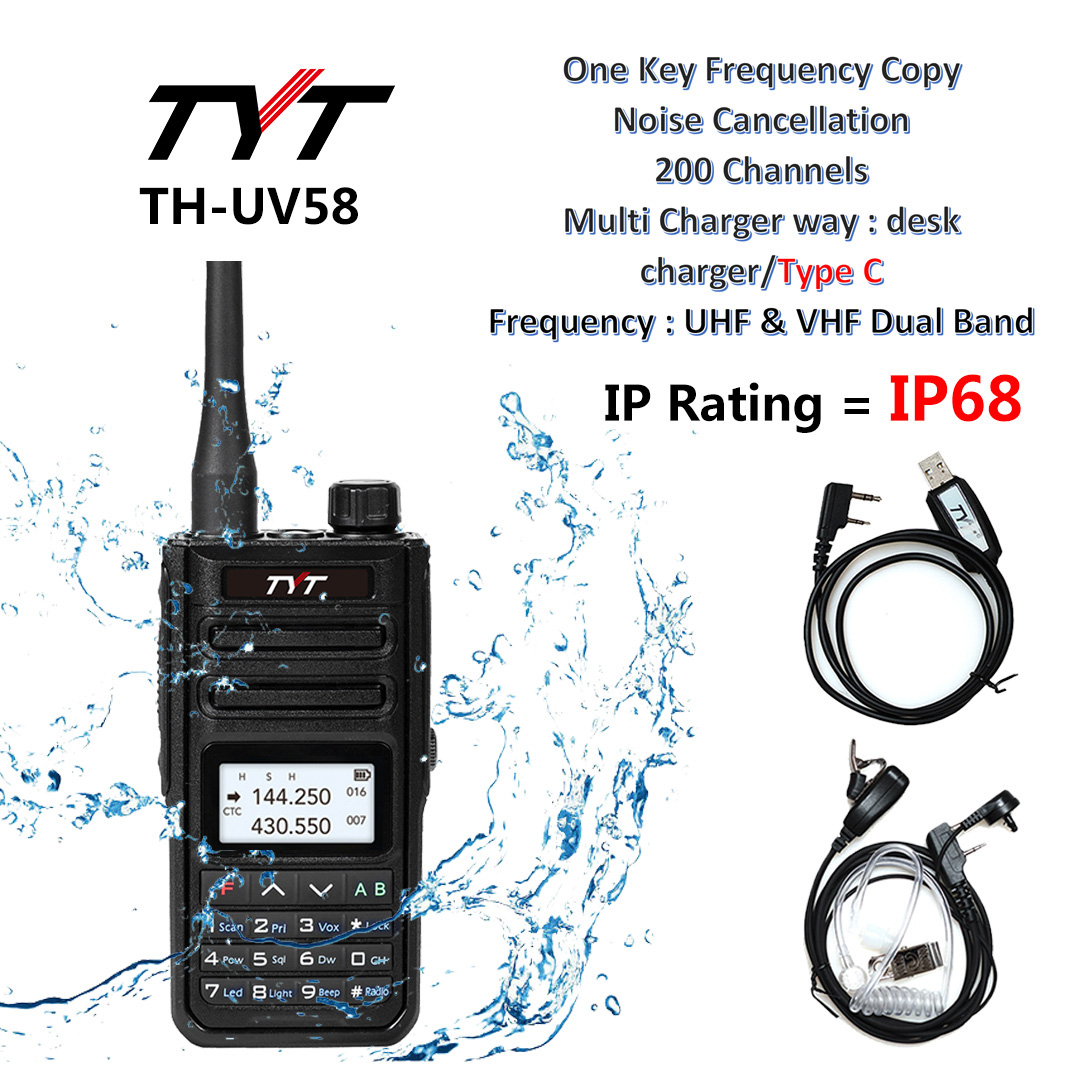 TYT-Walkie Talkie de 10W, TH-UV58 de Radio impermeable IP68, 200 canales, VHF/UHF, tipo C, carga de 3200mah, TH-UV99