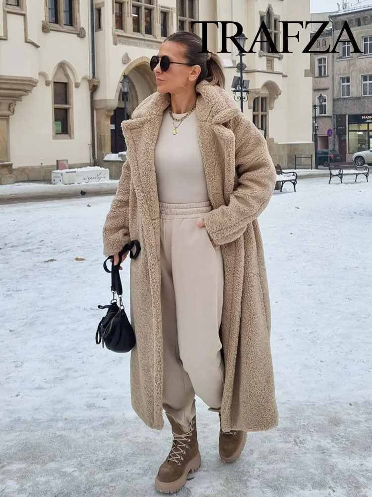 TRAFZA ヴィンテージテディロングコート女性秋冬ラペルシックな長袖ダブルブレストビッグジャケット女性ストリートブレンドオーバーコート