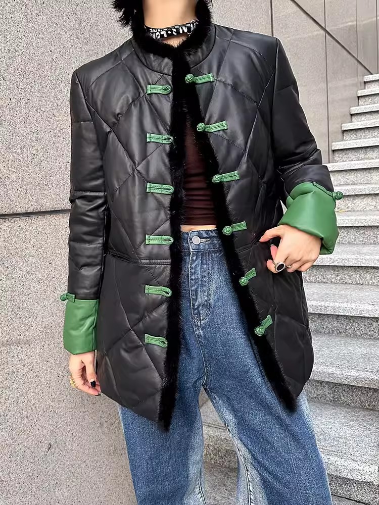 ผู้หญิงวินเทจฤดูหนาวใหม่กลางยาว STAND COLLAR SINGLE Breasted Sheepskin ลงเสื้อตรงเสื้อกันหนาวเสื้อแจ็คเก็ตหนังแท้