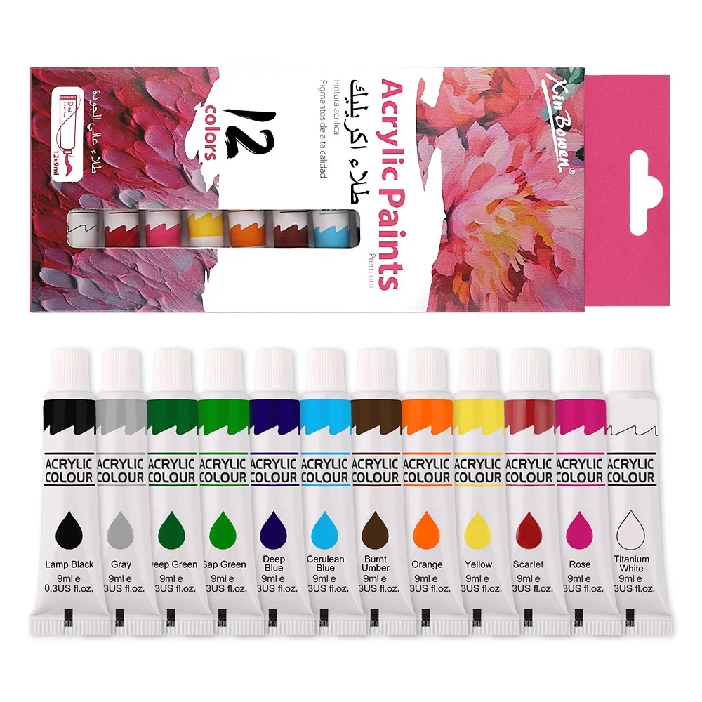 Juego de pintura acrílica de 12 colores, tubos de 9ml, suministros de arte impermeables para artistas principiantes, pintura DIY sobre lienzo, proyectos de arte de pared
