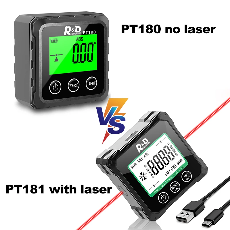 R & D PT180 PT181 Laser Kỹ Thuật Số Protractor Đo Góc Inclinometer Laser 3 Trong 1 Cấp Độ Hộp Loại-C sạc Thước Đo Góc Cho Gia Đình