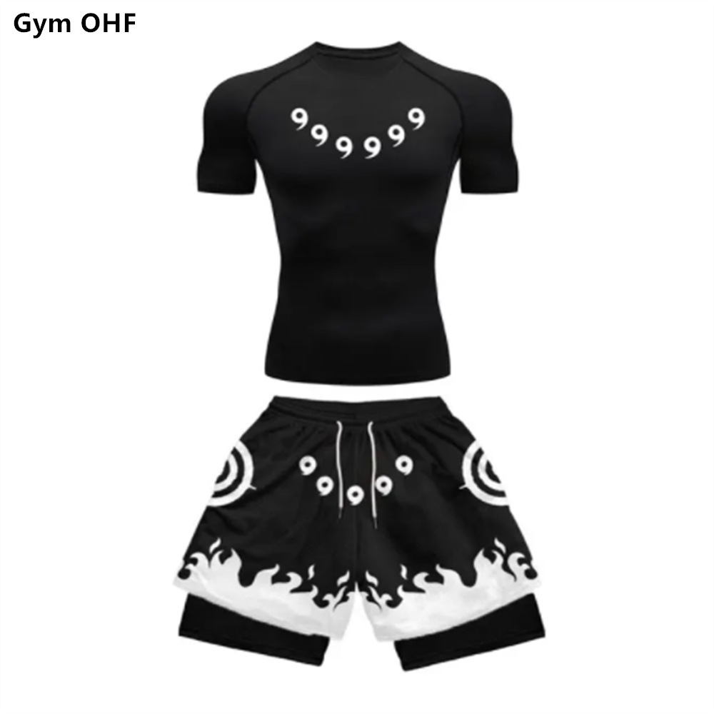 Body ajustado para hombre + pantalones cortos de doble capa con estampado Digital 3D, conjunto de 2 piezas, ropa de entrenamiento deportivo para correr de secado rápido al aire libre