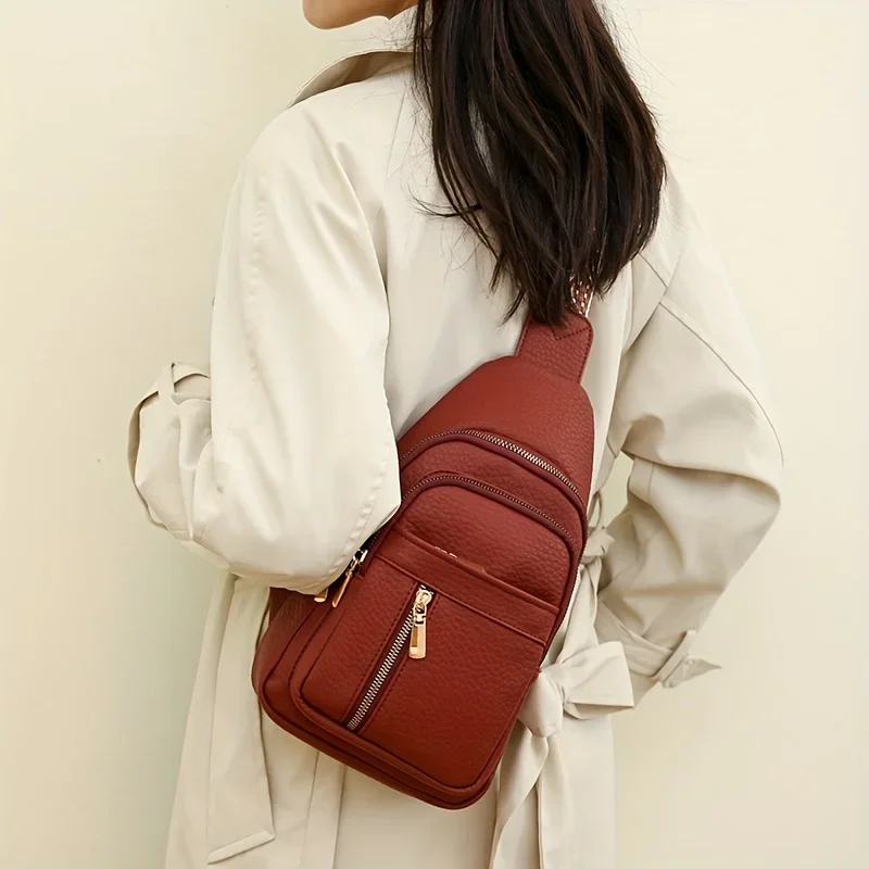 Multifuncional Retro Chic PU couro macio Crossbody Bag, vários bolsos com zíper, versátil para lazer e esportes