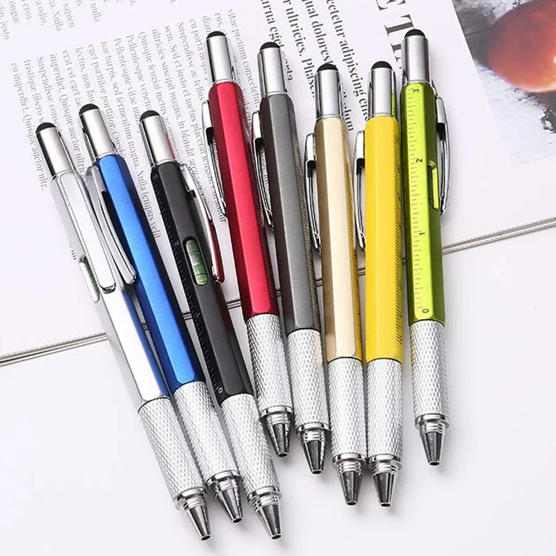 Penna a sfera multifunzione 7 in1 con strumento portatile moderno Misura righello tecnico Cacciavite Touch Screen Stilo Livella a bolla