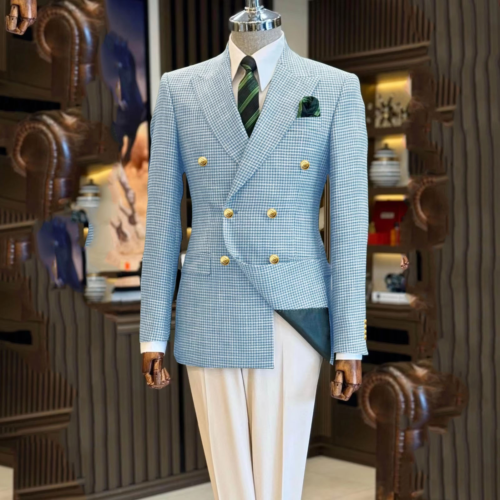 Blazer masculino terno azul marinho houndstooth pico lapela duplo breasted negócios fino ajuste grade homem ternos jaqueta formal festa smoking