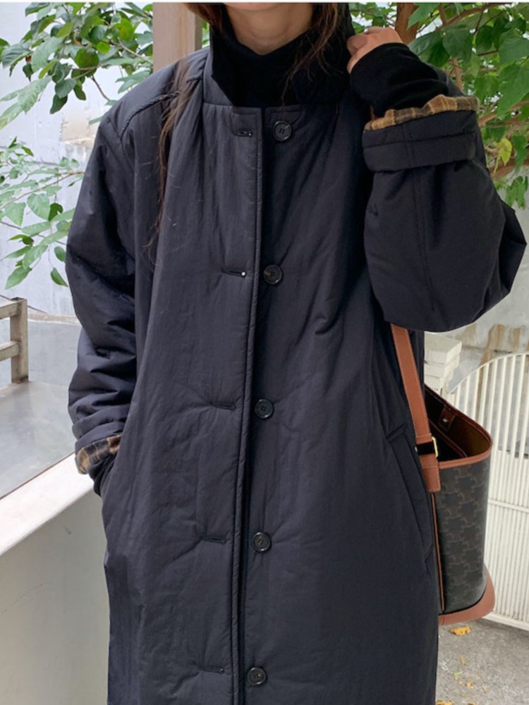 Herfst Winter Koreaans Leger Groen Warm Jasje Revers Geruite Mouwen Rechte Jas Mode Medium Lange Dames Puffer Gewatteerde Buitenkleding