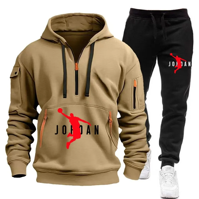 Agasalho masculino com capuz com zíper, multibolsos e calças de proteção, casual, jogging, outono/inverno, conjunto de 2 peças, tamanho grande S-3XL