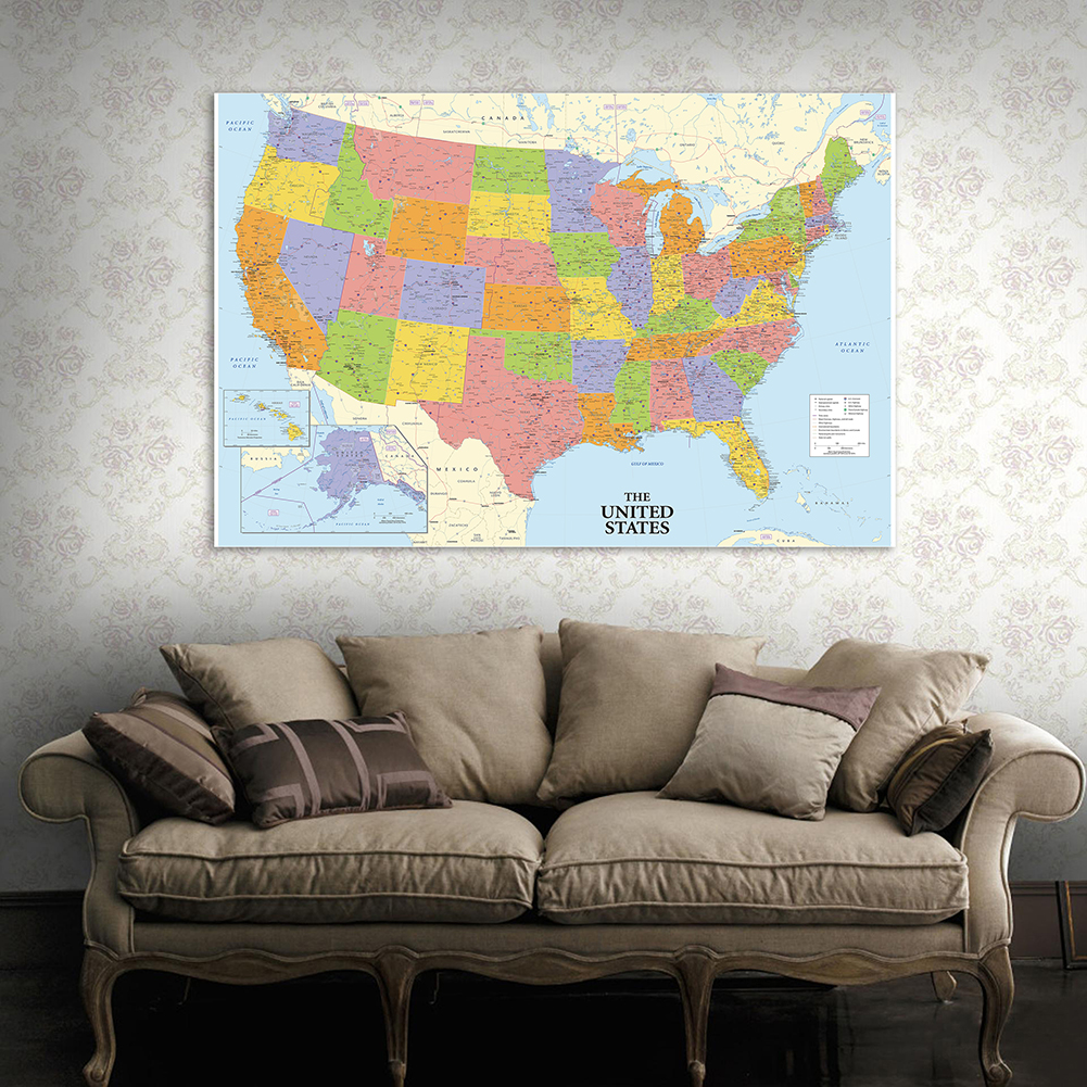 Unframed Print Non-Woven Canvas Painting, The United State Map, Sala de estar, Decoração do lar, Material escolar, 100x70cm