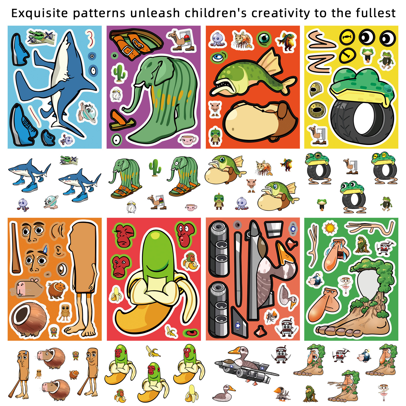 8/16Sheets Abstract Animal Make a Face Puzzle Stickers Tung Tung Sahur Italian Brainrot Animals Decal Assemble Jigsaw Kid Toys