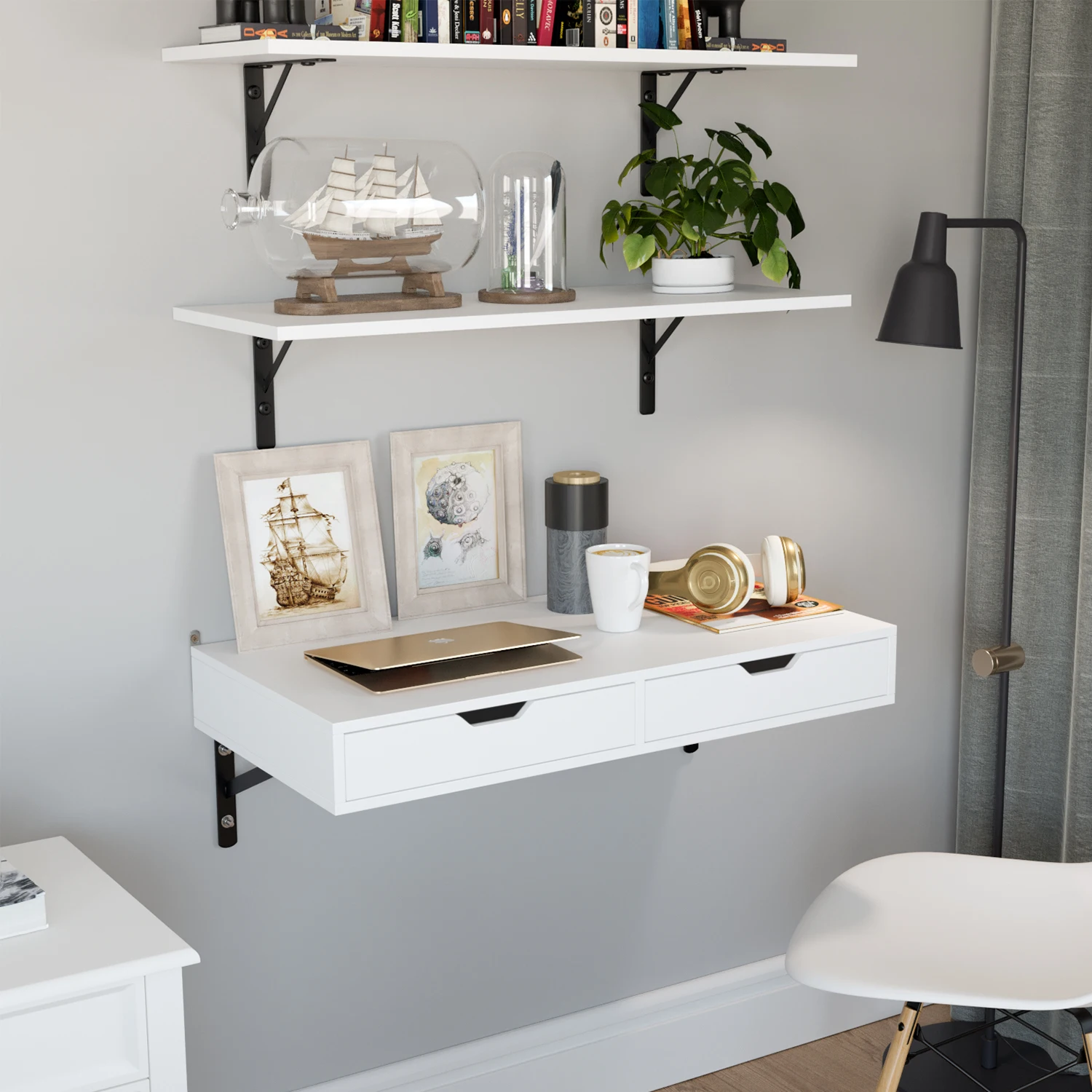 Mesa de parede Getone, mesa de parede com 2 gavetas e 2 suportes, mesa de computador Mesa suspensa de 80 cm, estação de trabalho de escritório de madeira
