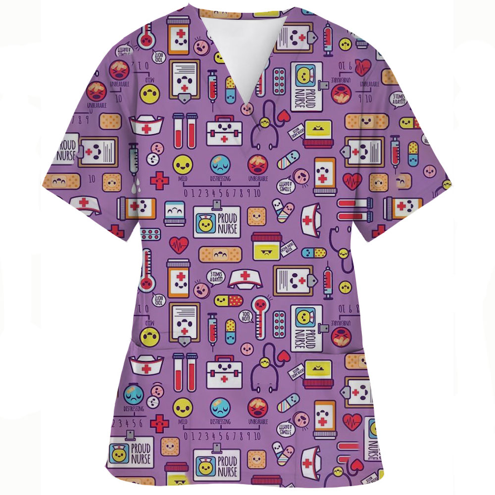 Nursing Uniform Women's Working Clothes Scrubs Top with Two Pockets Graphic Printing V-Neck Medical Short Sleeve Tees Blouse