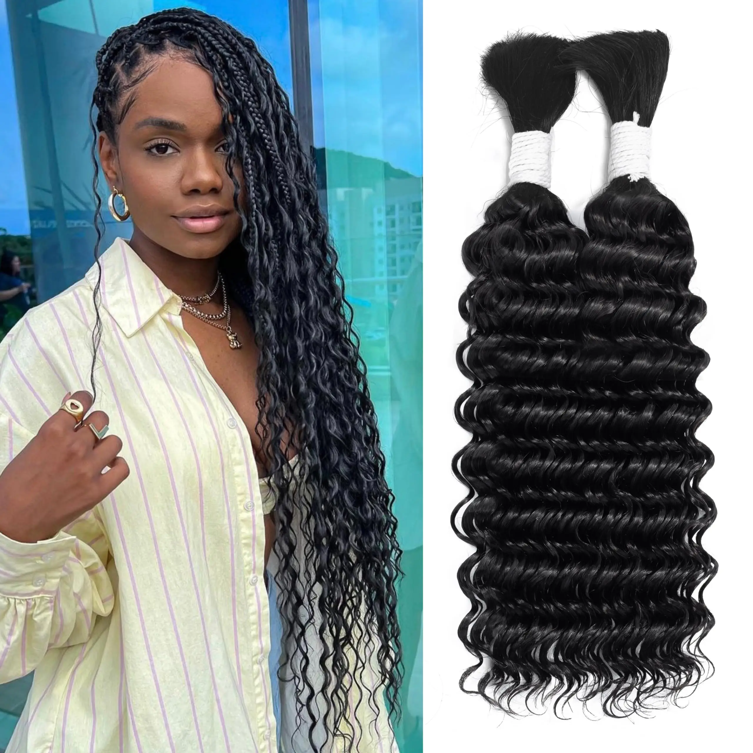 การถักเปียผมเป็นกลุ่ม Water Wave กลุ่มผมมนุษย์ 18 นิ้ว Boho braids สําหรับกล่องไม่มีปมหรือคลื่นหลวมหยิก