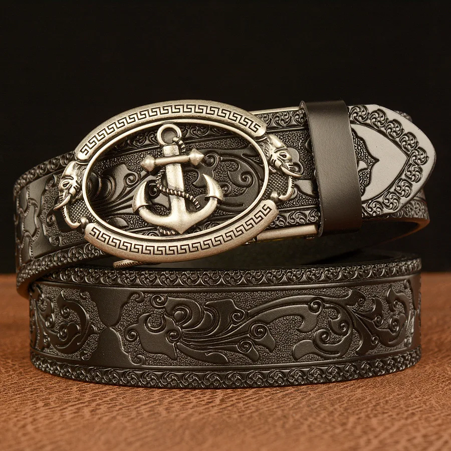 SupSindy Cinturón de cuero genuino para hombre, cinturones de piel de vaca con hebilla automática de Metal con ancla dorada de lujo para hombre, cinturón vaquero para hombre, correa negra