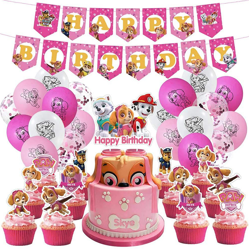 Nueva decoración de fiesta de cumpleaños Skye Paw Patrol, vajilla canina rosa, platos de papel, vasos, servilletas, suministros de globos para fiesta temática Skye