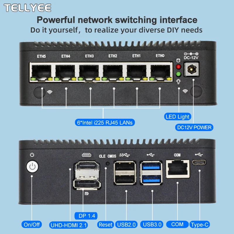 Intel N100 Soft Router 6 Lans i226-V 2.5G Fanless Mini PC COM HD DP USB Type-C pfSense Firewall Appliance OPNsense ESXi Computer