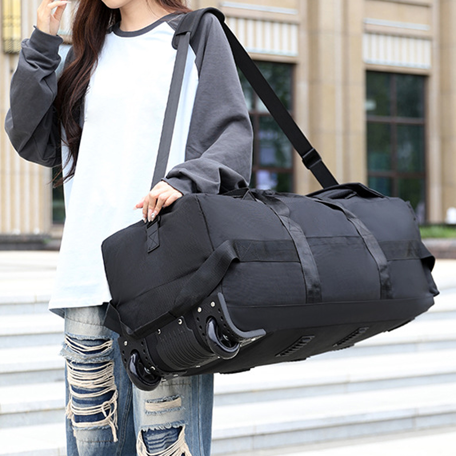 Bolsa de lona com rodas, bolsa de roupas com rodinhas, grande, portátil, mala noturna, mochila para praia, viagem de negócios, acampamento, armazenamento