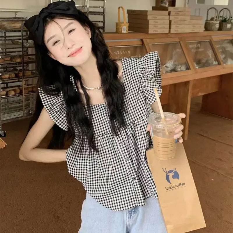 Camisa feminina de verão de algodão estilo coreano – gola quadrada respirável xadrez fofa blusa solta com manga esvoaçante pequena