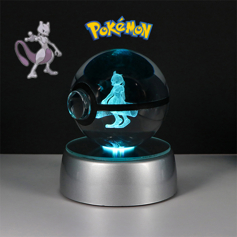 Pokemon 3D Crystal Ball Figure Toys Pokeball Mimikyu Bulbasaur Umbreon Pikachu Gengar Sprigatito Model With Led Light Base Dolls