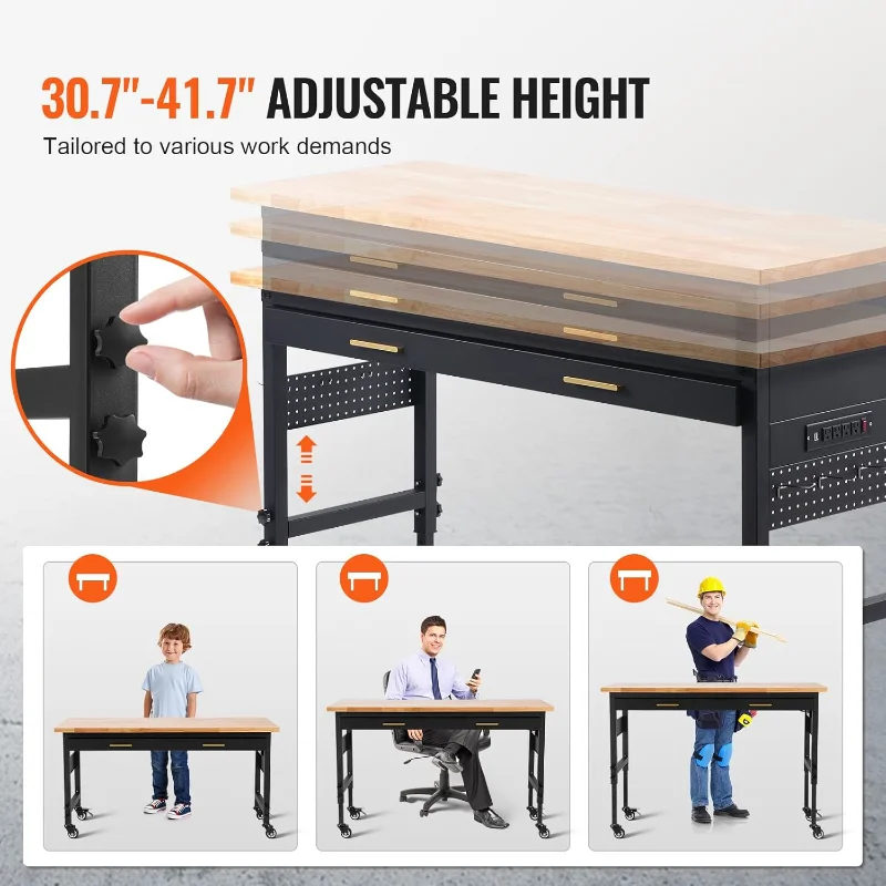 VEVOR 60" Adjustable Workbench, 1500 lbs Load Capacity, Work Bench with Drawer Storage, Power Outlet, Wheels, and Pegboard