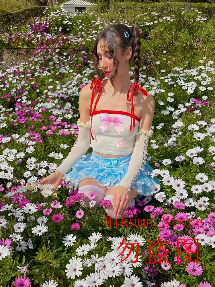 Mikumy กางเกงฟักทองฮาราจูกุสีฟ้ามีระบายสำหรับผู้หญิงกางเกงขาสั้นเพื่อความปลอดภัยของโลลิต้าผูกโบว์ลูกไม้น่ารักสำหรับแนววิคตอเรียวินเทจบลูมเมอร์