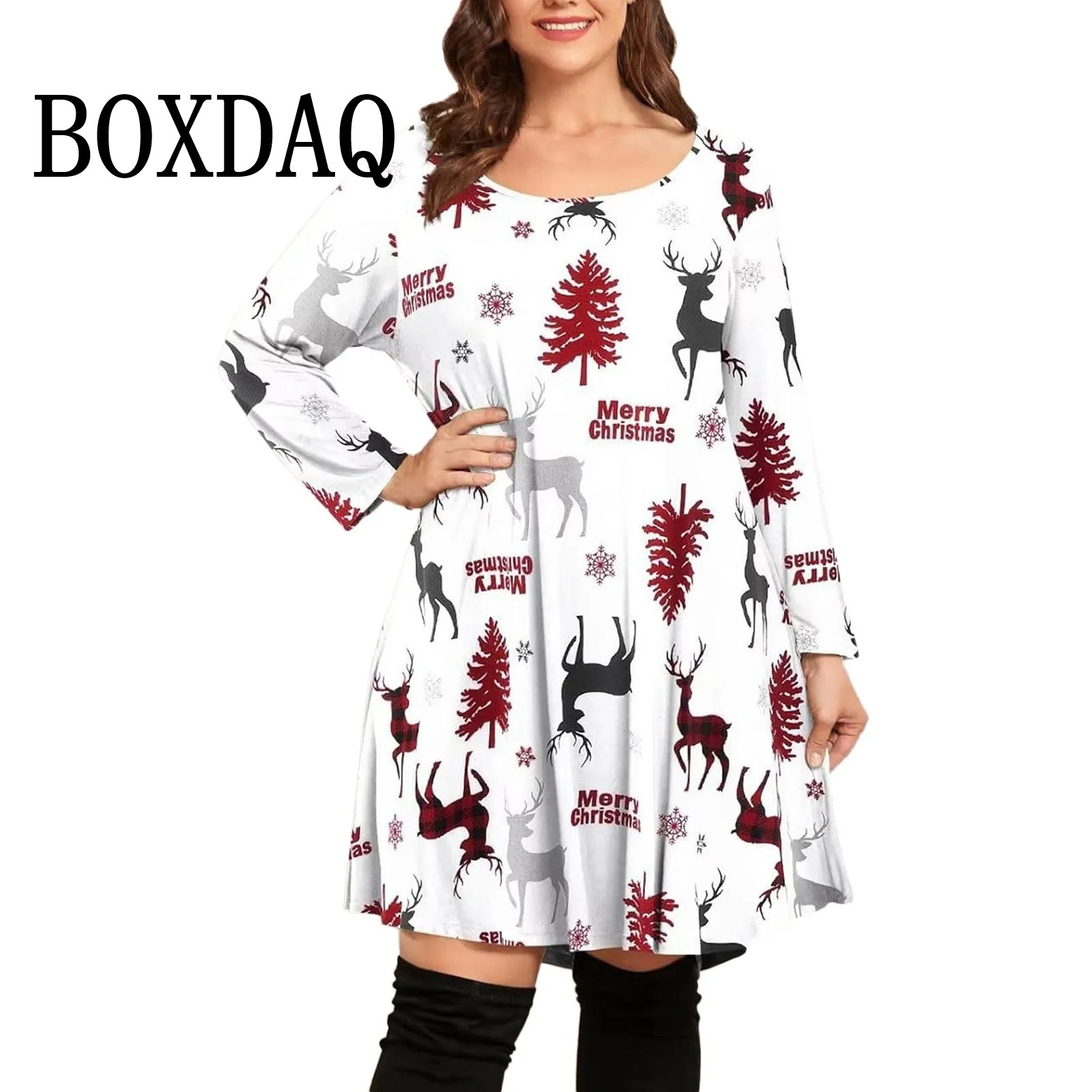 カジュアルクリスマスドレス女性のためのチェック柄長袖クリスマス 3D プリントルーズ A ラインドレスプラスサイズ秋冬ドレス 9XL
