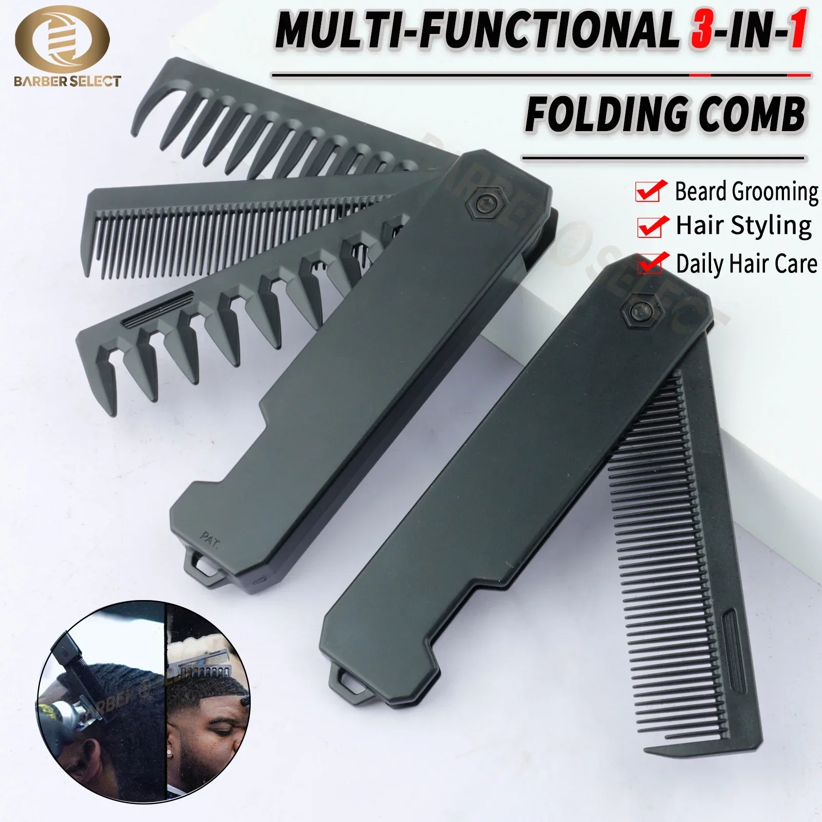 Peigne pliant Portable 1/2/3 en 1, peigne de barbier, tondeuse à dents larges, tête d'huile, peigne à cheveux, Mini outil de coiffure pour Salon de coiffure