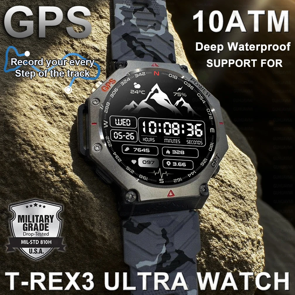 Военные умные часы T-Rex 3, встроенный GPS-компас, высотомер, барометрические, 10 АТМ, IP69K, водонепроницаемые, AMOLED, Bluetooth, умные часы для вызова