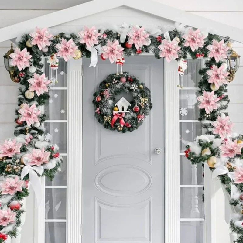 5 uds 14,5 cm brillo flores artificiales de Navidad Mreey decoración de árbol de Navidad adornos de Feliz Año Nuevo flores falsas de Navidad natal
