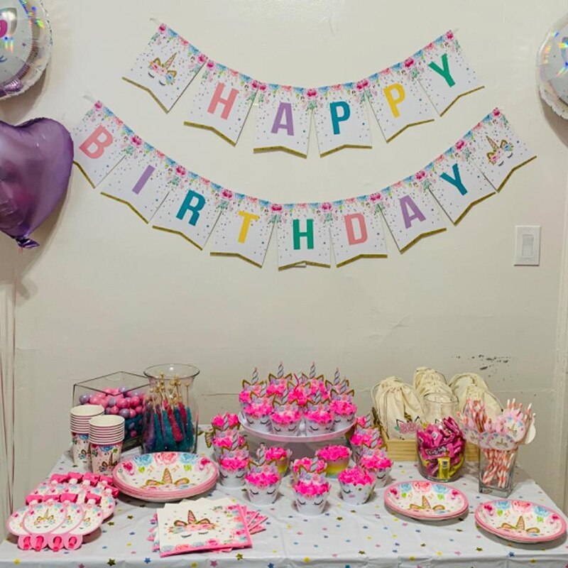 Impreza jednorożec zestaw jednorazowe zastawy stołowe dziewczęcy dekoracja urodzinowa talerze dekoracyjne Unicornio kubek baner prezent na Baby Shower