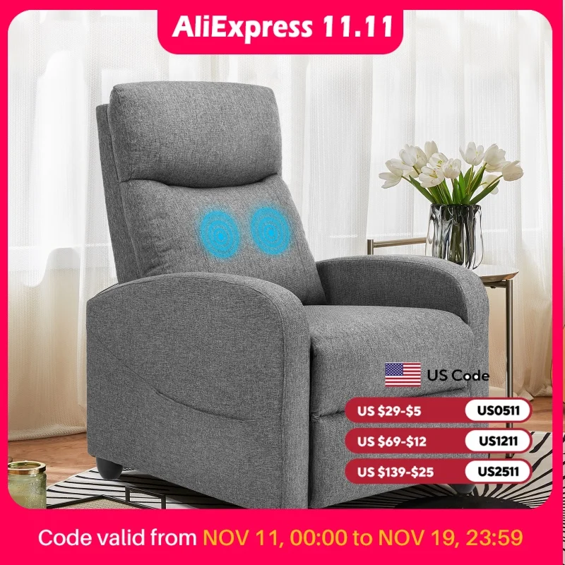 JHK Recliner Chair Massage Sofa Fabric Theater Lumbar Support Adjustable Modern Padded Seat Backrest Living Room Home Grey