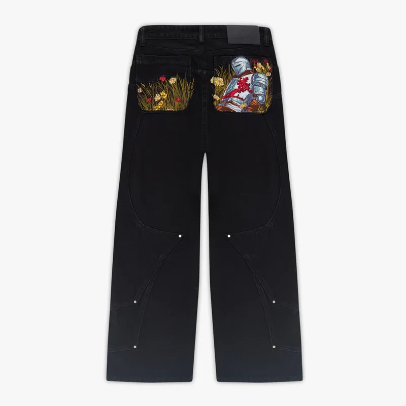 Vaqueros coloridos con bordado de flores silvestres, diseño temático de caballero, pierna ancha, cintura alta, moda Y2K, ropa de calle cómoda de tendencia para hombres y mujeres