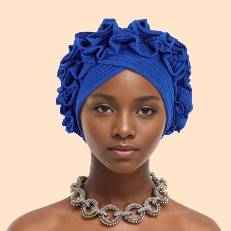 Boné turbante com babados para cabeça feminina, lenço macio e confortável, cor sólida