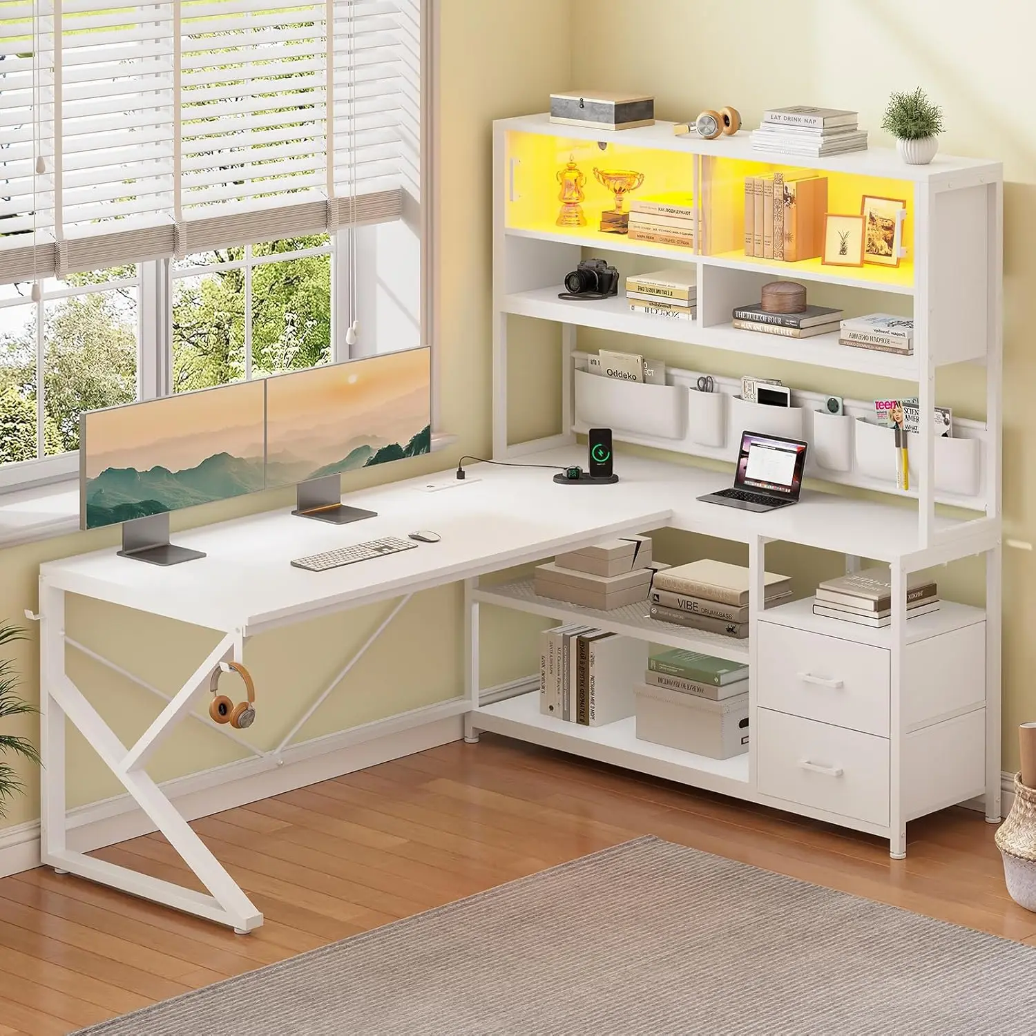L Shaped Gaming Desk, Home Office Computer Desk with 2 Drawer and Bookshelf, L Shaped Gaming Corner Desk with LED Light