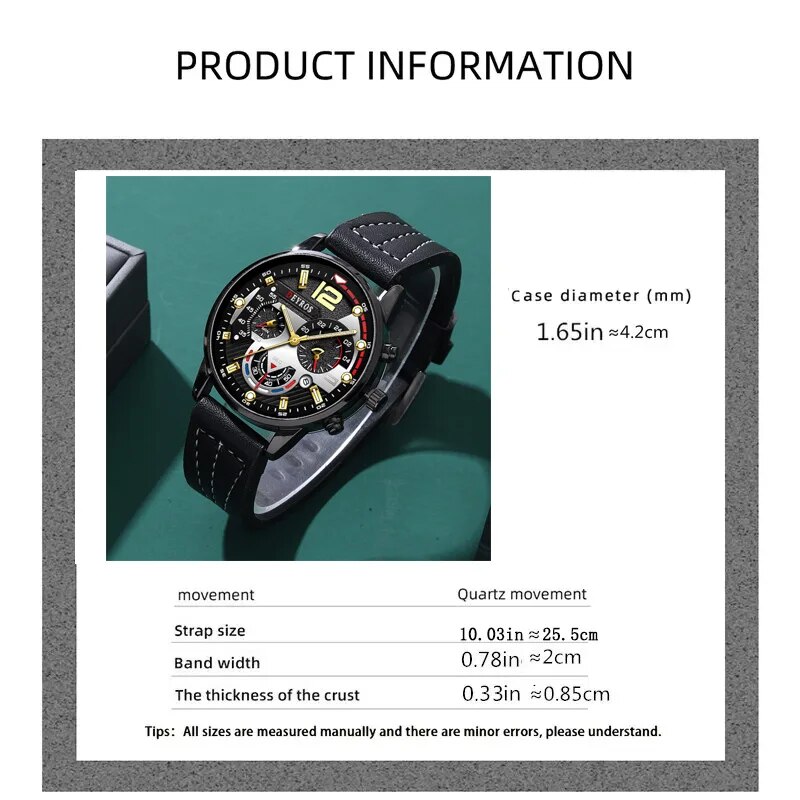 Relógio de pulso de quartzo de couro preto de luxo masculino, relógio casual, pulseira e colar, calendário, data, moda, 3pcs